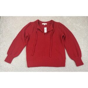 LOFT Sweater Women's Size LARGE Red Tie Front Long Sleeve Puff Sleeve NEW